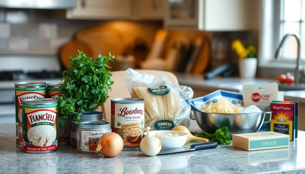 preparing tuna casserole ingredients