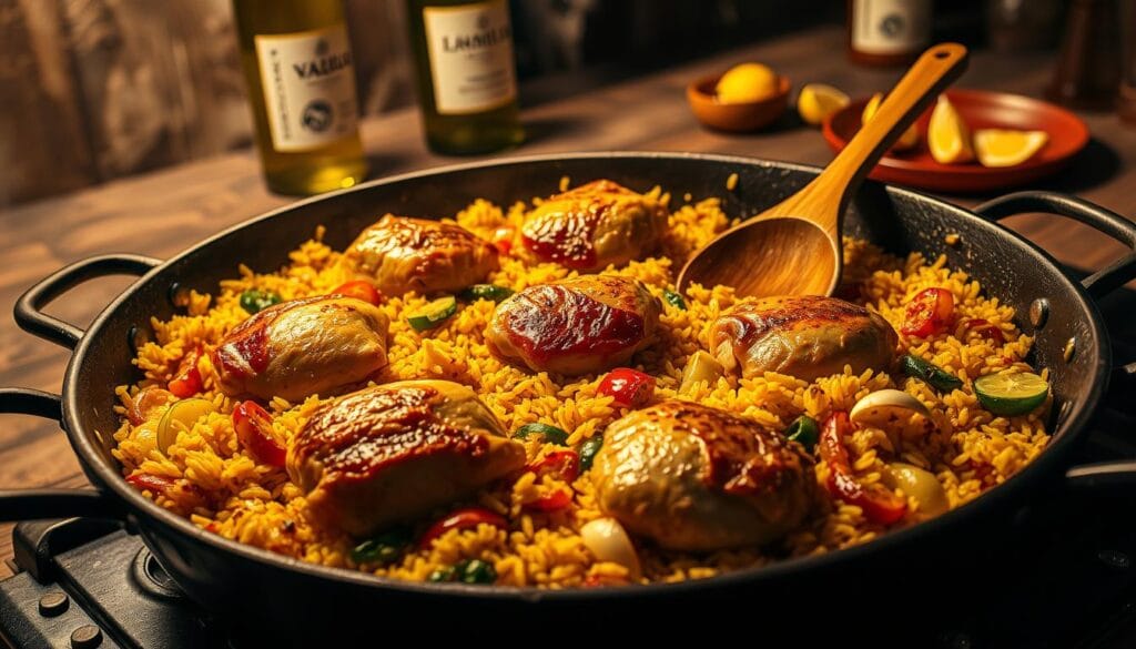 Spanish chicken paella cooking