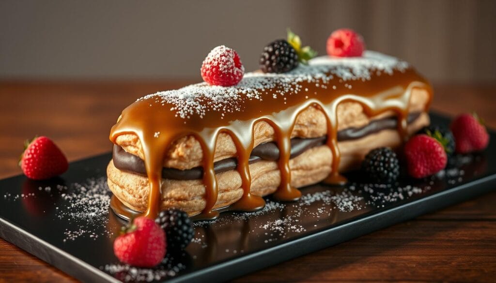 chocolate eclair cake presentation